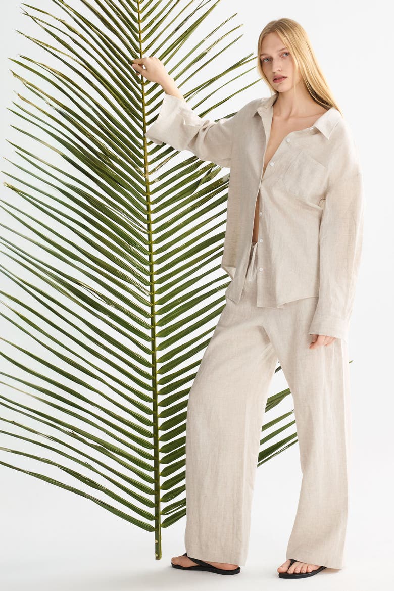 Oversized Linen Wide-Leg Drawstring Pants, Alternate, color, Beige