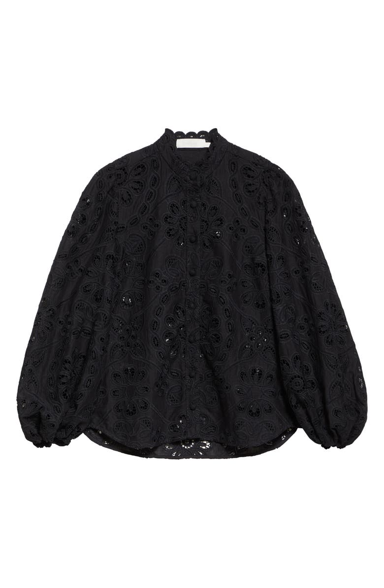 Zimmermann Rhiannon Guipure Lace Trim Cotton Shirt, Alternate, color, Black