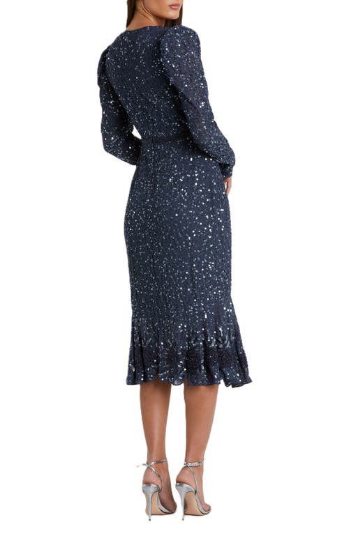 Mac Duggal Sequined Long Sleeve Midi Trumpet Dress In Midnight