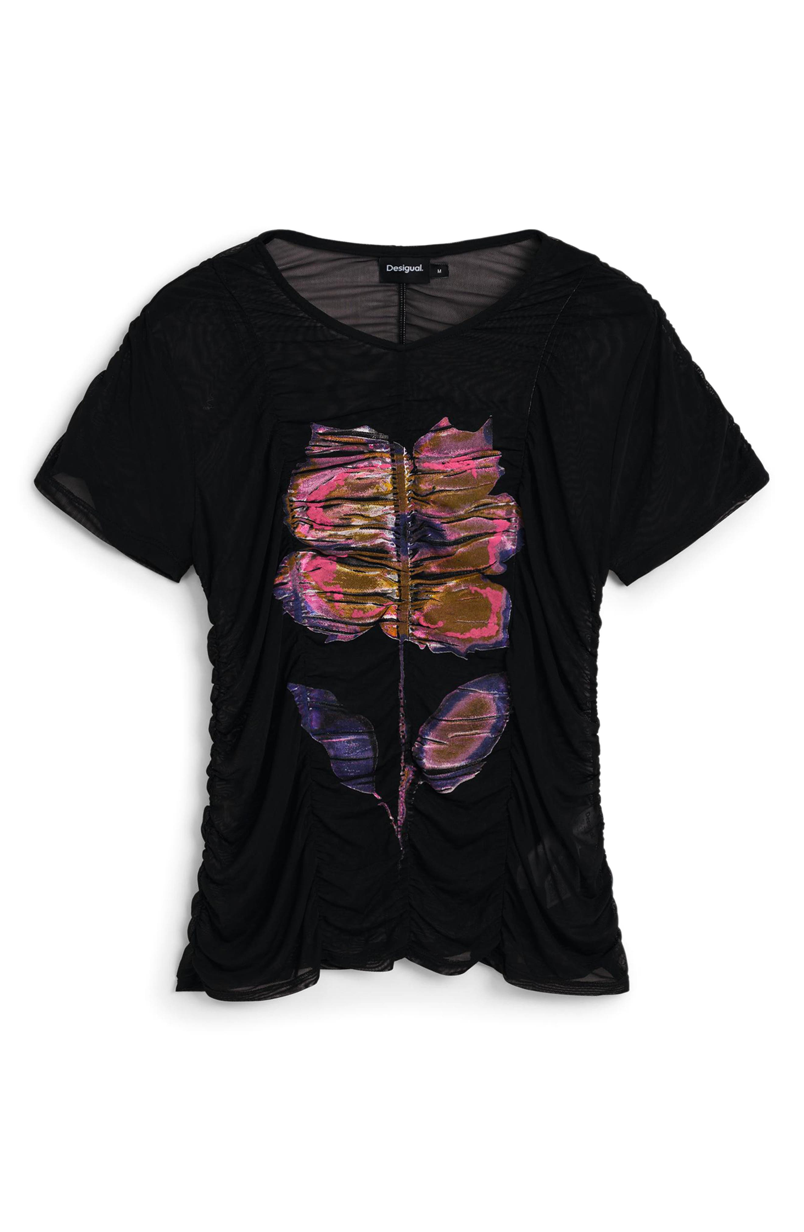 Desigual Floral Semi Sheer Tulle Crop T-Shirt