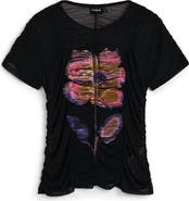 Desigual Floral Semi Sheer Tulle Crop T-Shirt