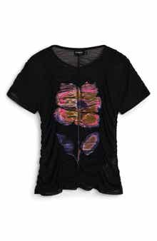 Desigual Floral Semi Sheer Tulle Crop T-Shirt