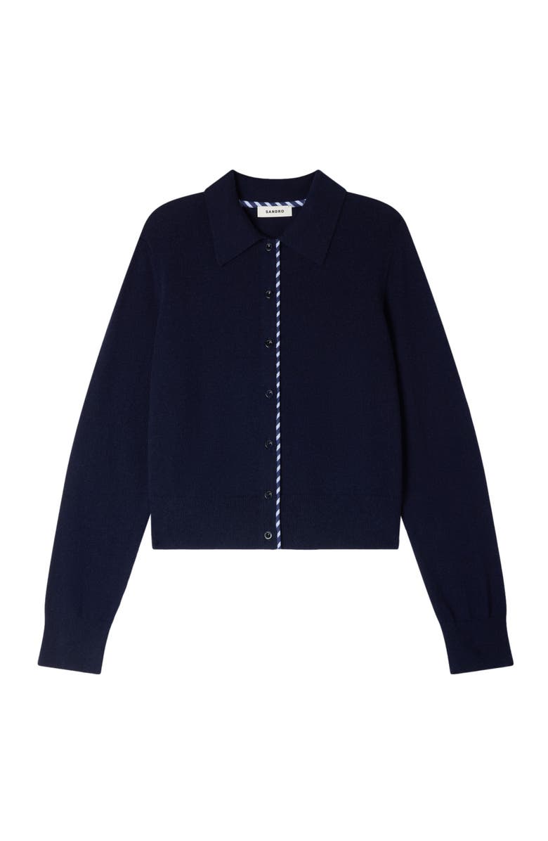 SANDRO Striped wool-cashmere cardigan, Alternate, color, Navy Blue