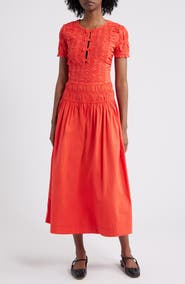 Damson Madder Smocked Drop Waist Stretch Organic Cotton Midi Dress