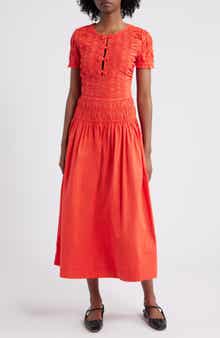 Damson Madder Smocked Drop Waist Stretch Organic Cotton Midi Dress