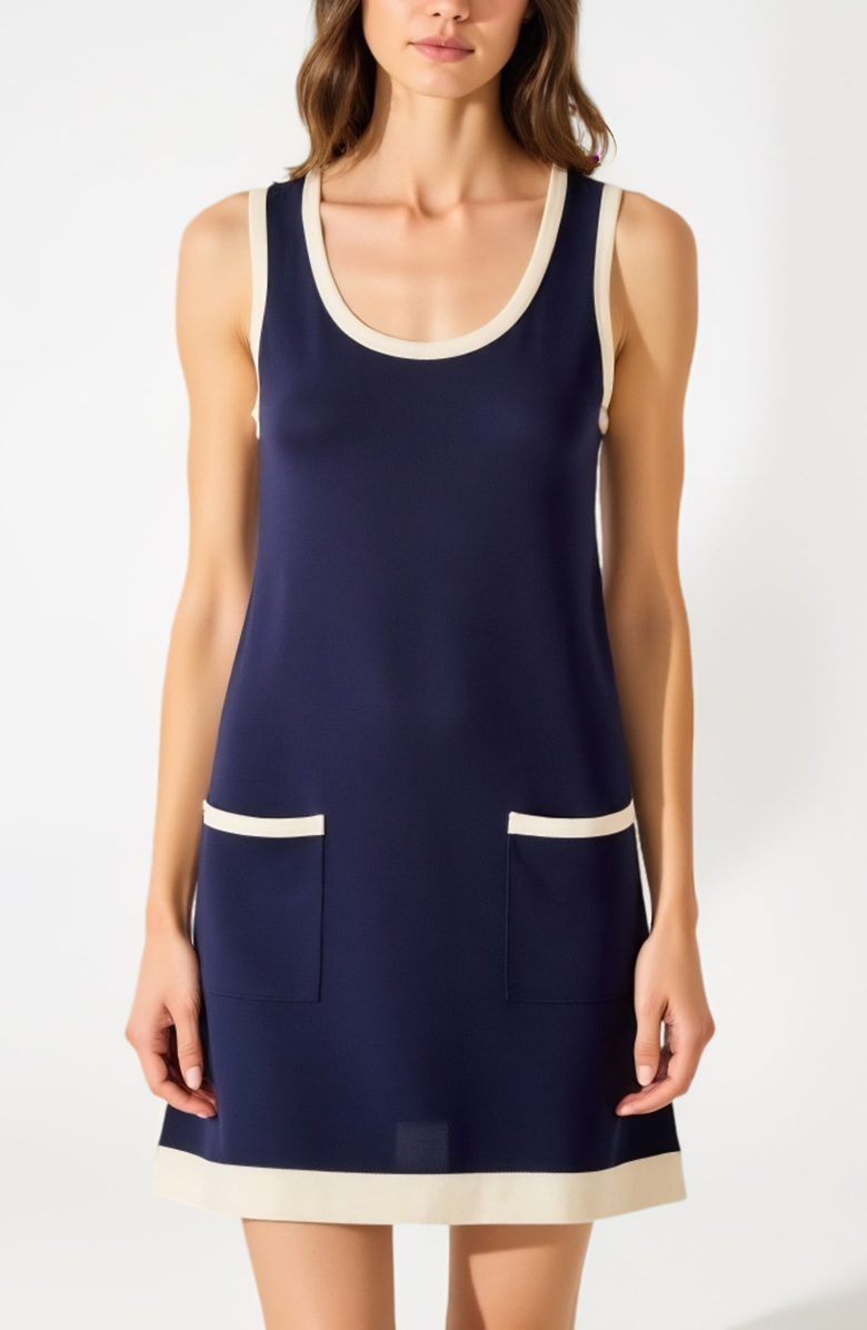 Modenaire Sleeveless Knit Mini Dress with Contrast Trim and Front Pockets, Main, color, Navy Blue