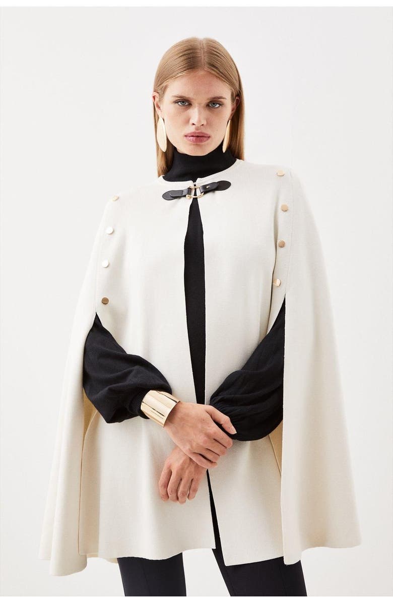 Karen Millen Popper Detail Knit Cape Coat, Alternate, color, Cream