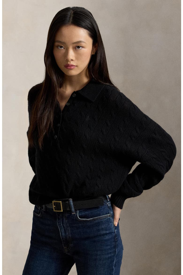 Cable Wool & Cashmere Polo Collar Sweater, Alternate, color, BLACK