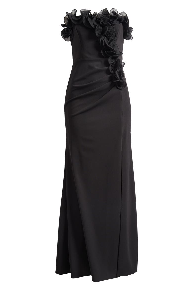 Ruffle Detail Strapless Scuba Crepe Sheath Gown, Alternate, color, BLACK