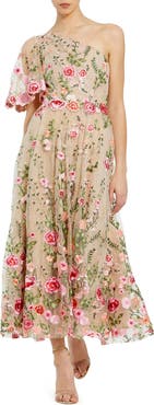 Mac Duggal One Shoulder Floral Lace Embroidered Dress