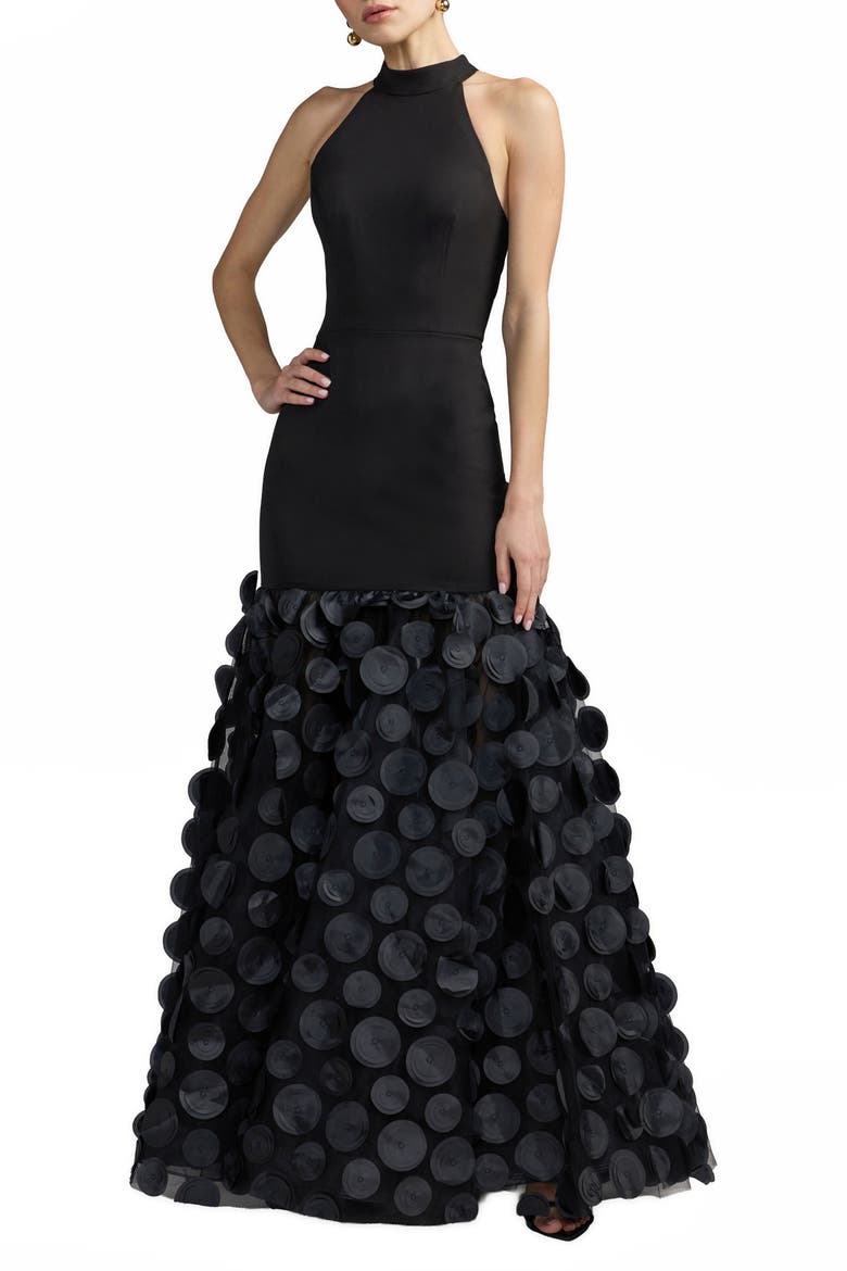 Women's Halter Neck Rosette Ball Gown, Main, color, Black