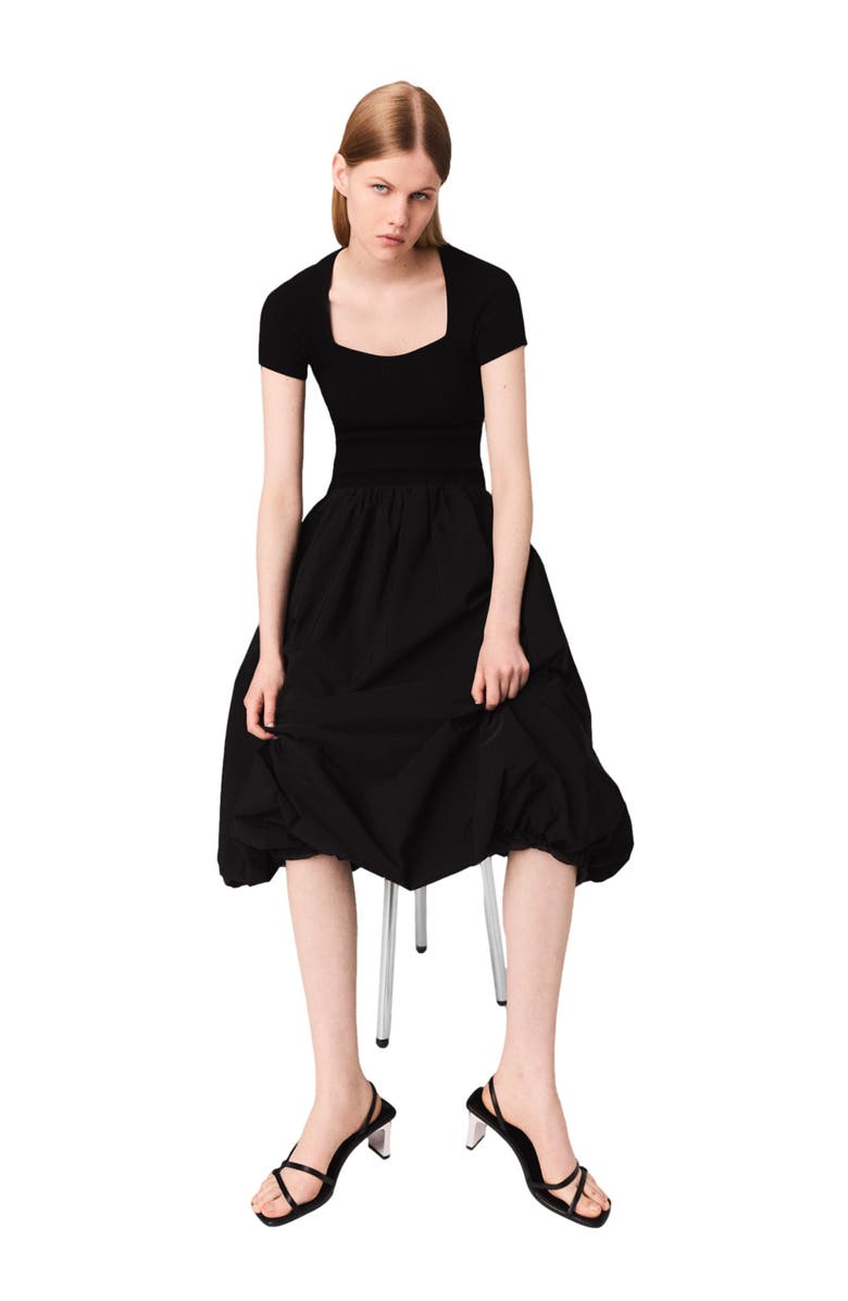 maje Long ribbed knit and taffeta dress, Alternate, color, Black