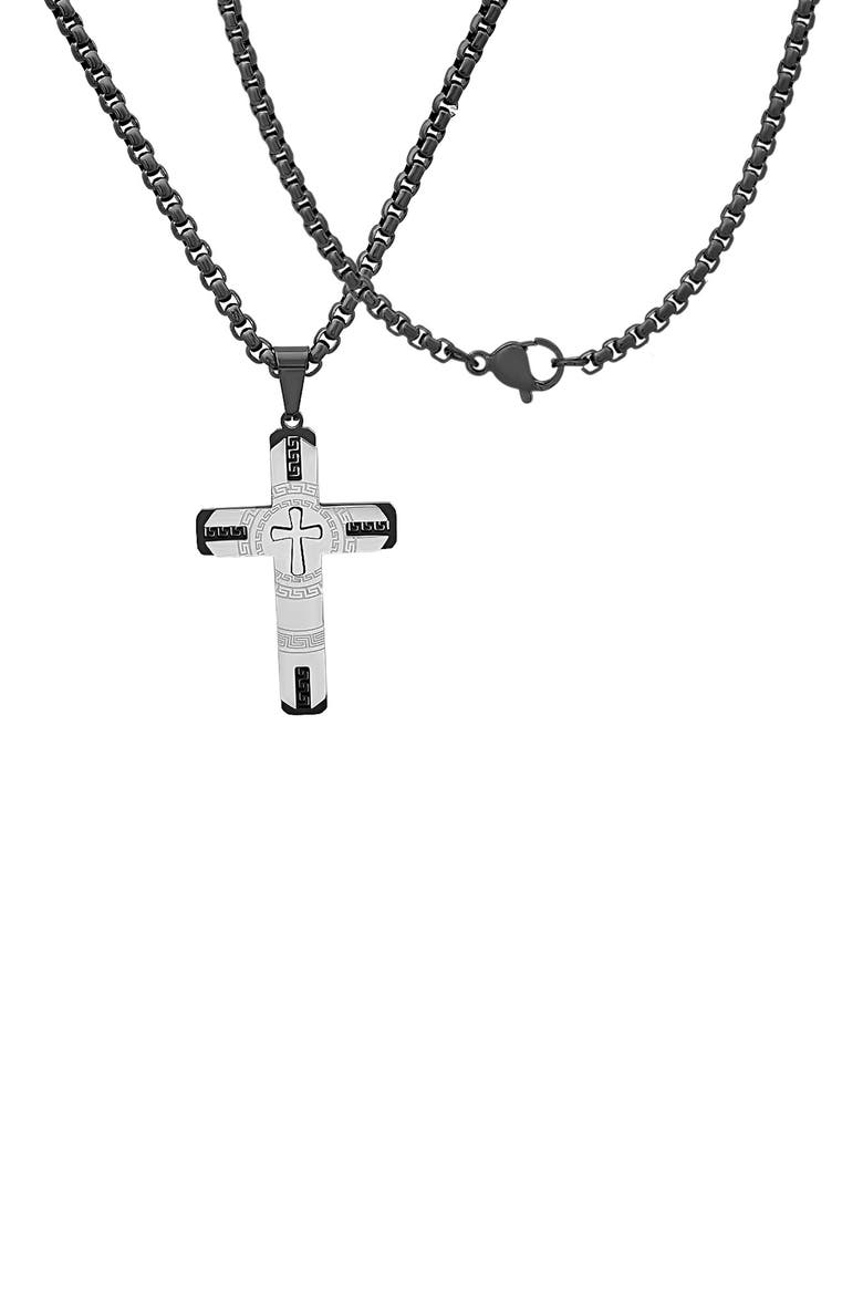 Men's Two-Tone Stainless Steel Etched Cross Pendant Necklace, Alternate, color, SILVER/ BLACK