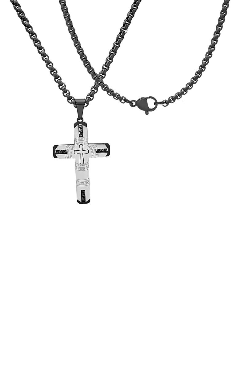 HMY JEWELRY Men's Two-Tone Stainless Steel Etched Cross Pendant Necklace, Alternate, color, 