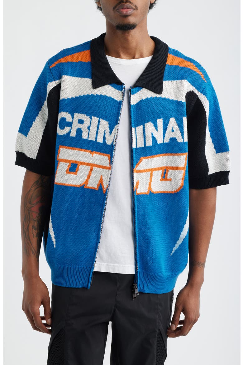 Racer Knit Zip-Up Cardigan, Main, color, BLUE/ ORANGE/ BLACK/ ECRU