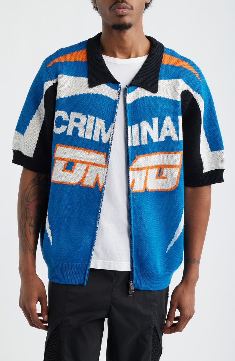 CRIMINAL DAMAGE Racer Knit Zip-Up Cardigan, Main, color, Blue/ Orange/ Black/ Ecru