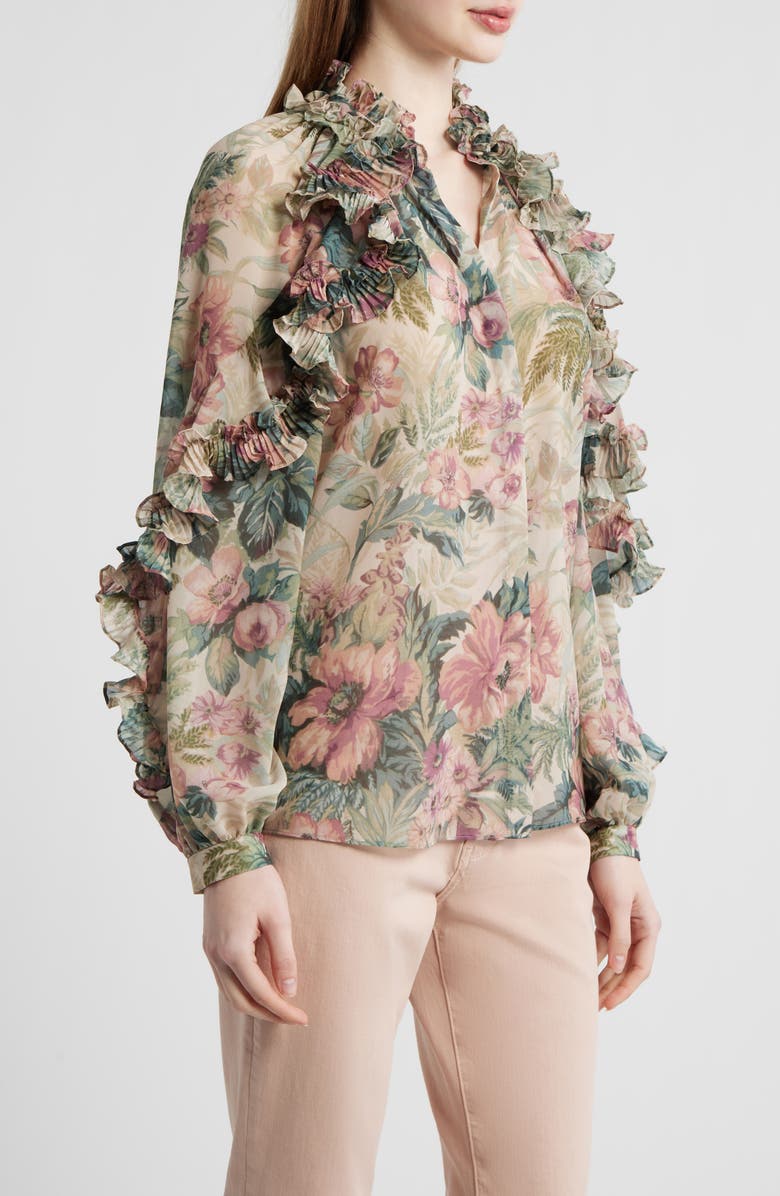 KOBI HALPERIN Esme Floral Ruffle Button-Up Chiffon Shirt, Alternate, color, Rose Multi