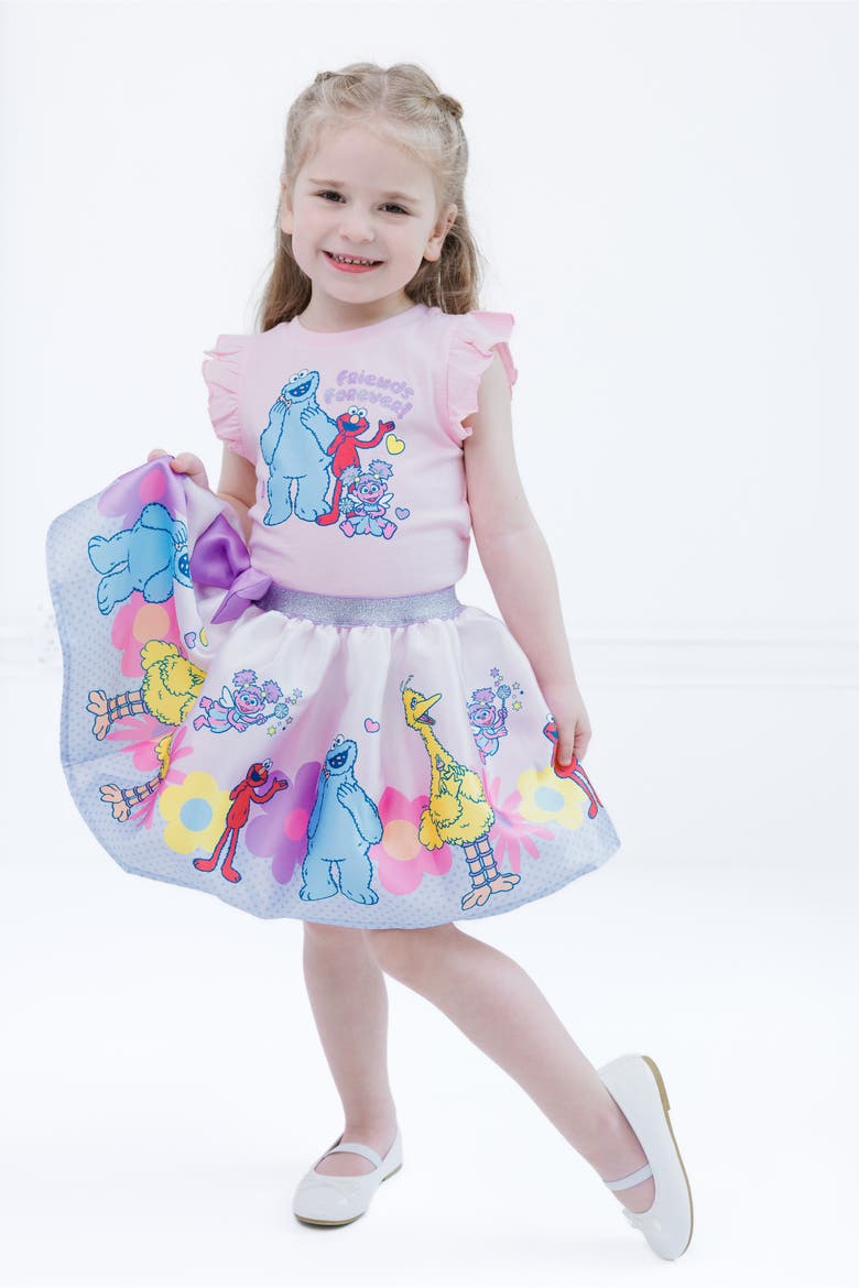 2-Piece T-Shirt and Satin Skirt Set, Alternate, color, Sesame Street Pink