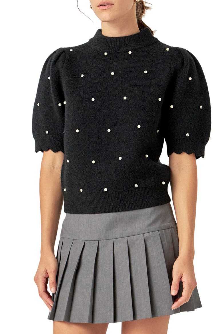 Embellished Short Sleeve Sweater, Alternate, color, BLACK