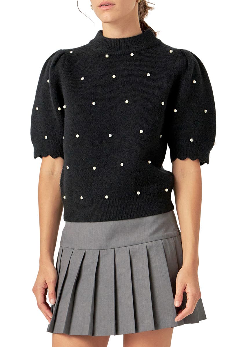 English Factory Embellished Short Sleeve Sweater, Alternate, color, Black
