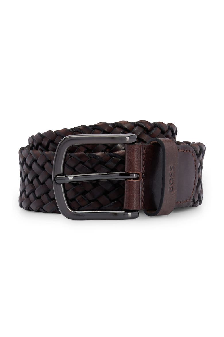 Sash Woven Leather Belt, Main, color, DARK BROWN