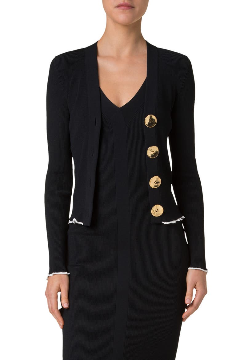 V-Neck Rib Cardigan, Main, color, BLACK-CREAM