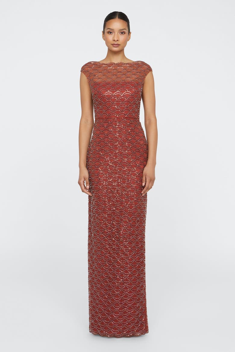 Aura Beaded Column Gown, Alternate, color, Copper