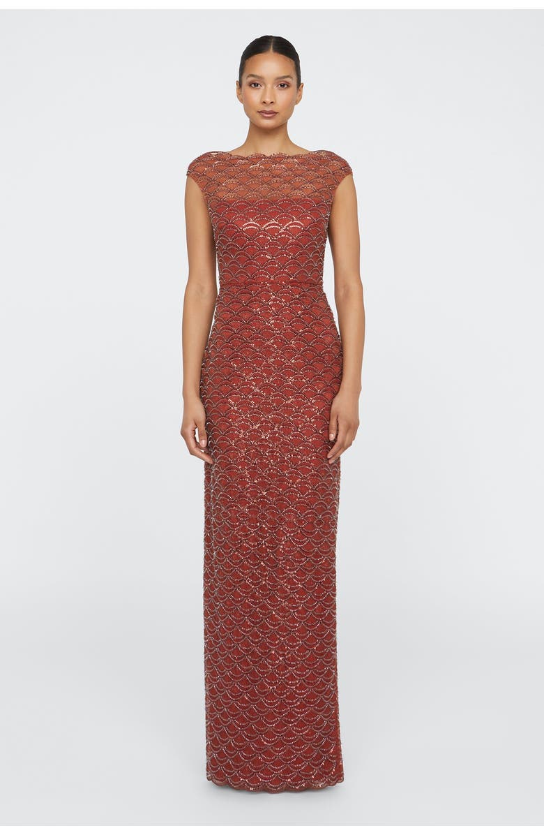 Theia Aura Beaded Column Gown, Alternate, color, Copper
