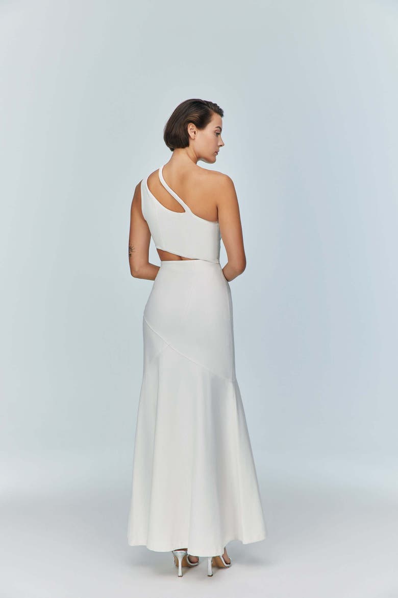 Ron Asymmetric White Denim Maxi Dress, Alternate, color, White
