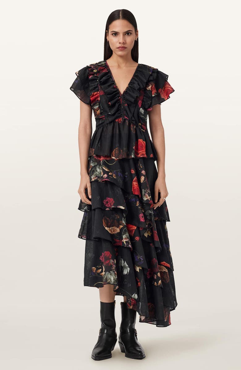 AllSaints Alma Floral Print Ruffle Top, Alternate, color, Haze Black