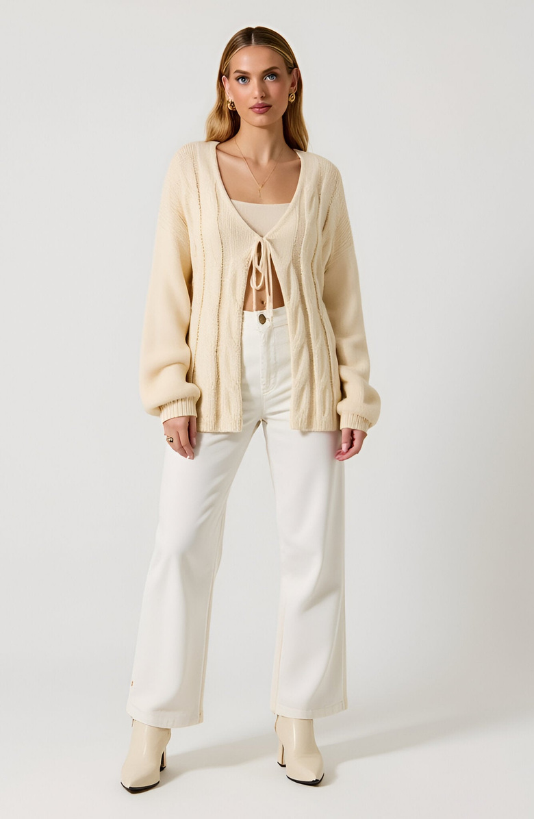 Modenaire Long Sleeve Cable Knit Tie Front Cardigan Sweater, Alternate, color,