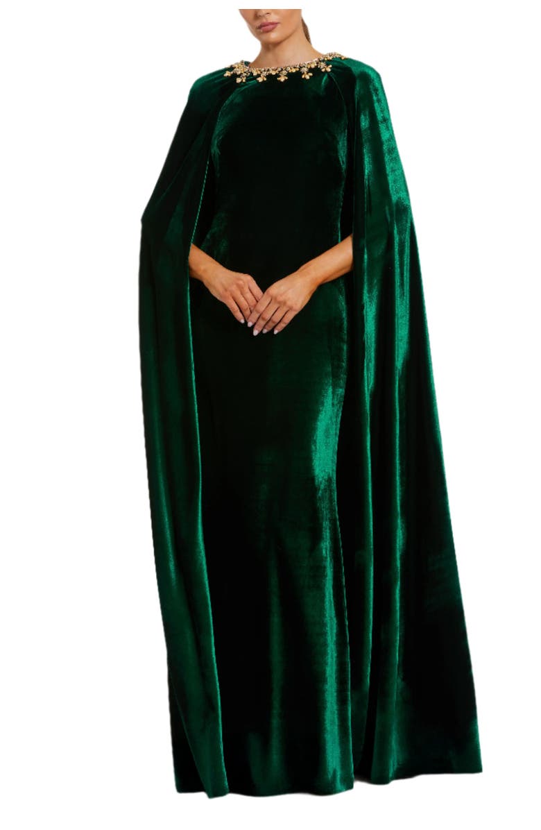 Mac Duggal Cape Gown With Embellished Neckline, Main, color, Deep Green