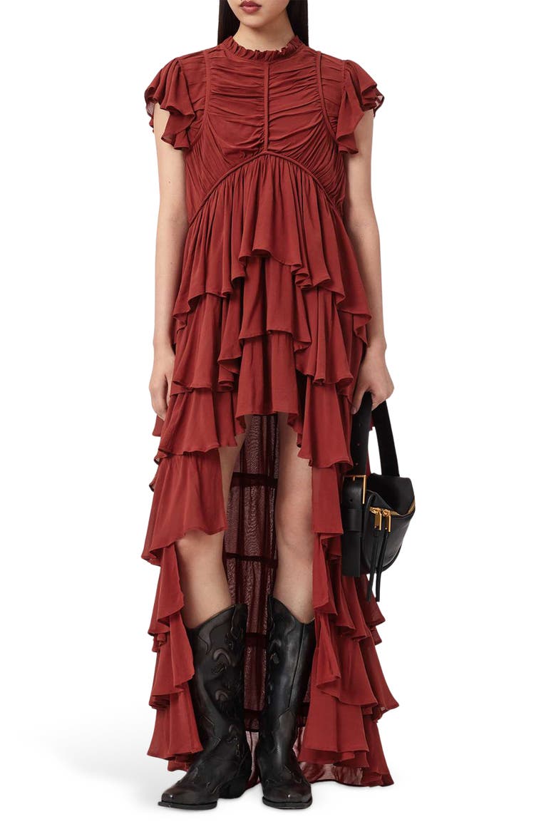 Shaela Tiered Ruffle High-Low Dress, Main, color, PAPRIKA RED