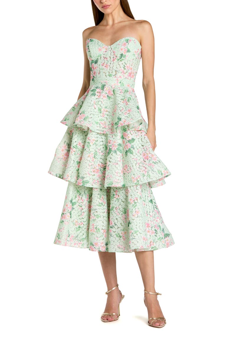 Floral Net Strapless Tiered Ruffle Midi Dress, Main, color, Mint Multi