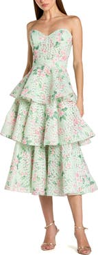 Mac Duggal Floral Net Strapless Tiered Ruffle Midi Dress