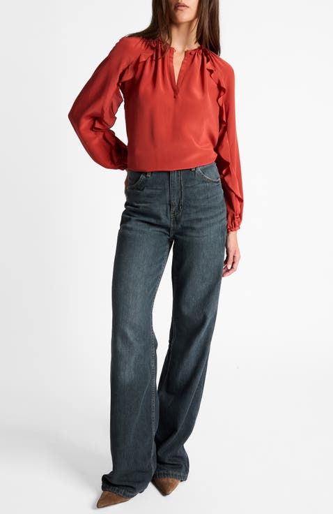 Skyla Long Sleeve Ruffle Blouse in Silk Crepe de Chine