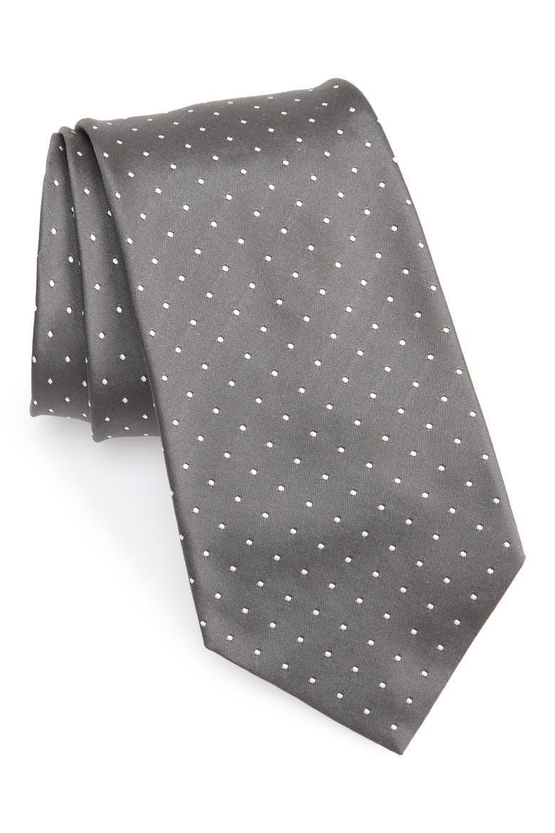 Pin Dot Silk Peau de Soie Tie, Main, color, GREY