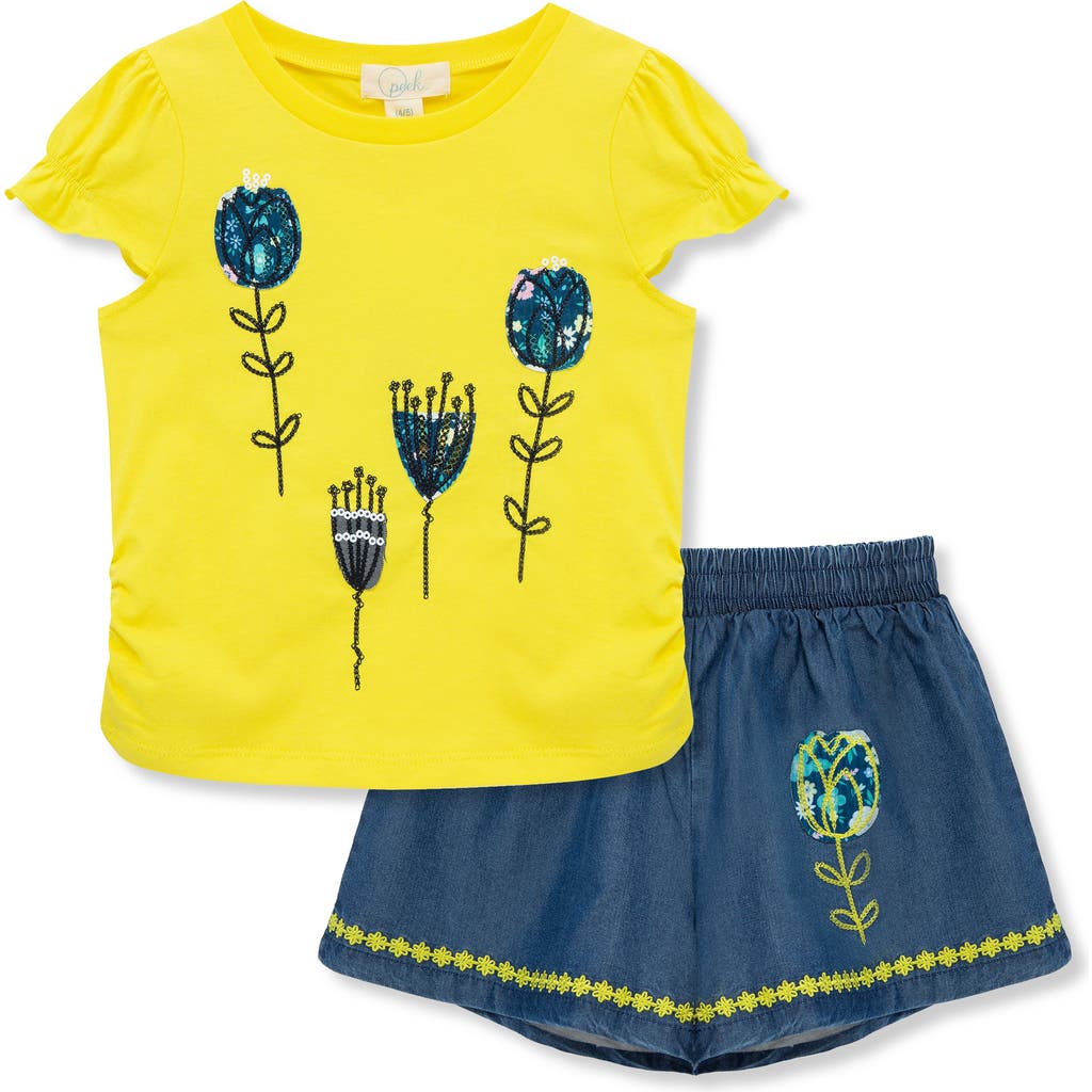 Peek Aren't You Curious Kids' Tulip Embroidered Graphic T-shirt & Denim Shorts Set In Multi