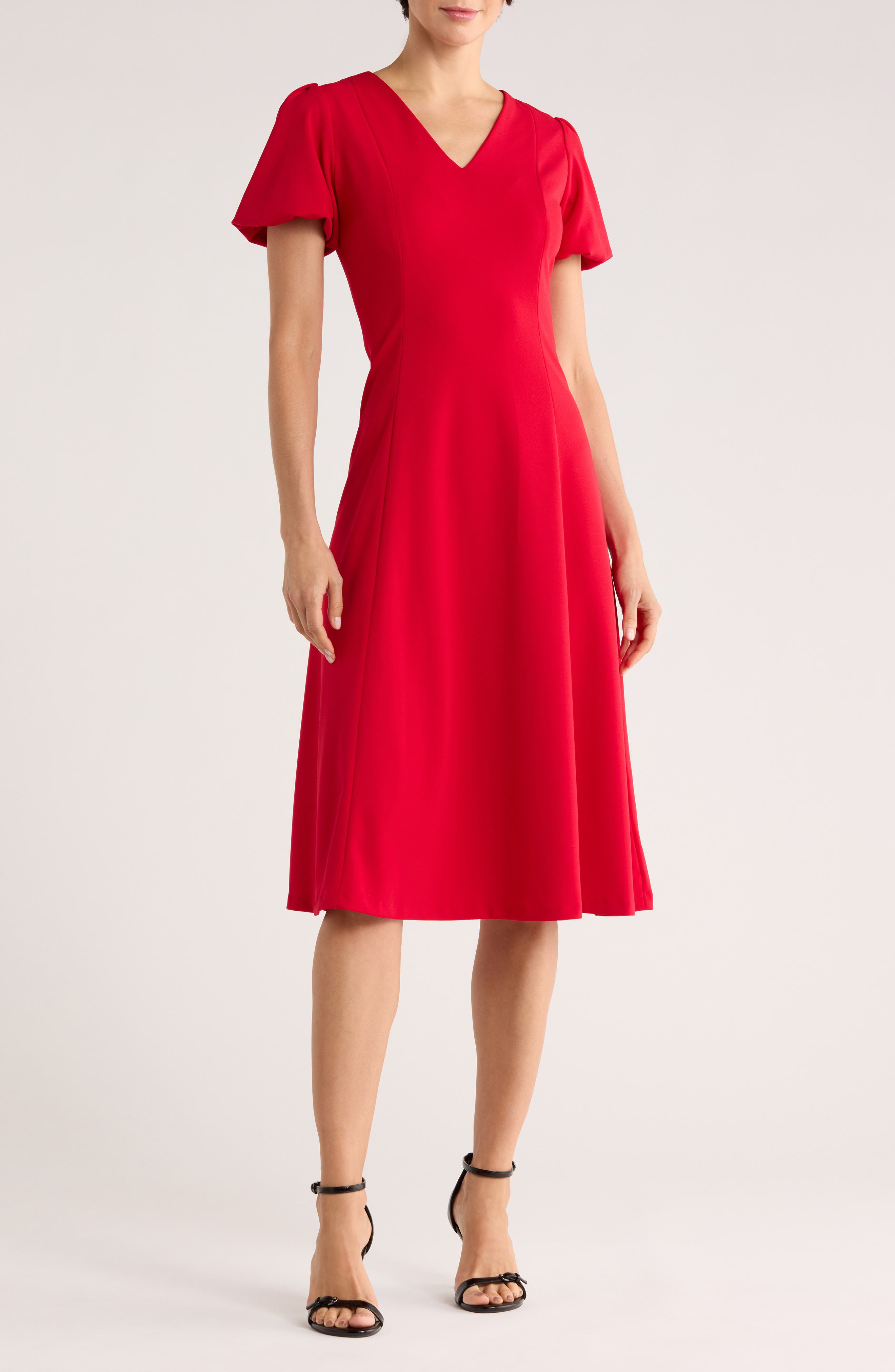 DKNY Puff Sleeve Fit & Flare Midi Dress