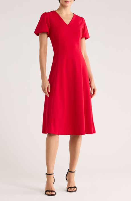 DKNY Puff Sleeve Fit & Flare Midi Dress