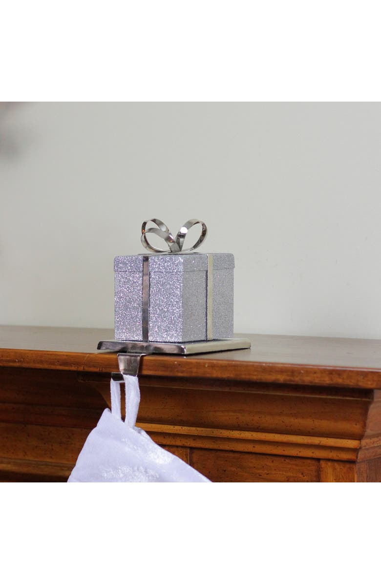 Northlight 5.5" Silver Glitter Gift Box with Bow Christmas Metal Stocking Holder, Alternate, color, Silver