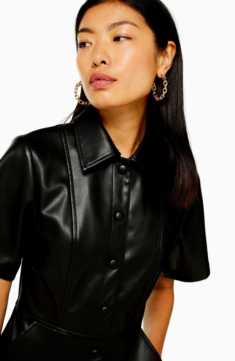 Topshop Faux Leather Shirtdress, Alternate, color,
