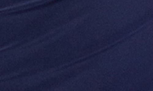Marina Ity Ruched Long Sleeve Midi Cocktail Dress In Navy