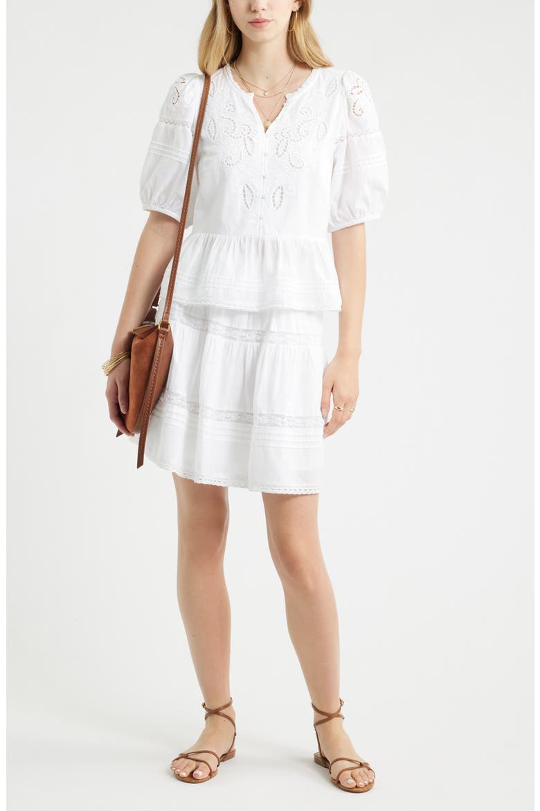 Cutwork Puff Sleeve Cotton Top, Alternate, color, WHITE