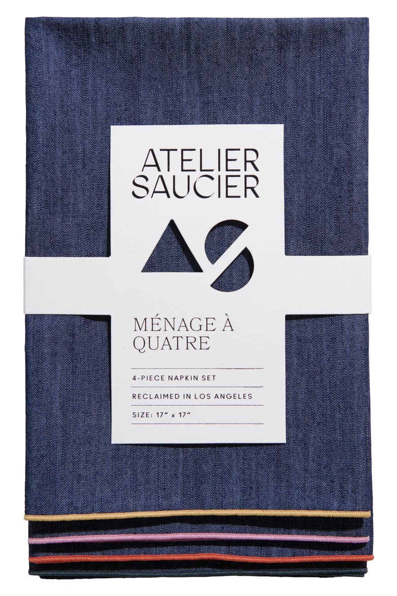 Ménage à Quatre Set of 4 Rainbow Edge Reclaimed Denim Napkins, Main, color, RAINBOW DENIM