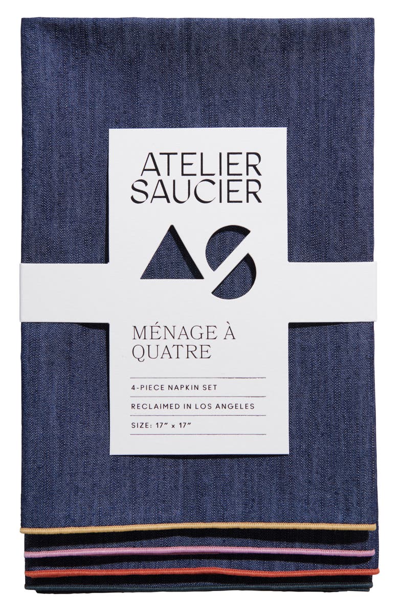ATELIER SAUCIER Ménage à Quatre Set of 4 Rainbow Edge Reclaimed Denim Napkins, Main, color, 