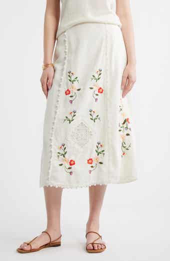 Embroidered Linen Blend Eyelet Midi Skirt