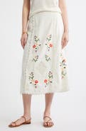 Treasure & Bond Embroidered Linen Blend Eyelet Midi Skirt