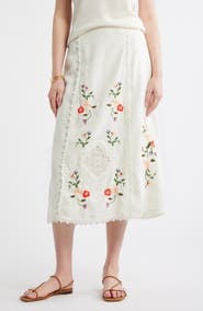Treasure & Bond Embroidered Linen Blend Eyelet Midi Skirt