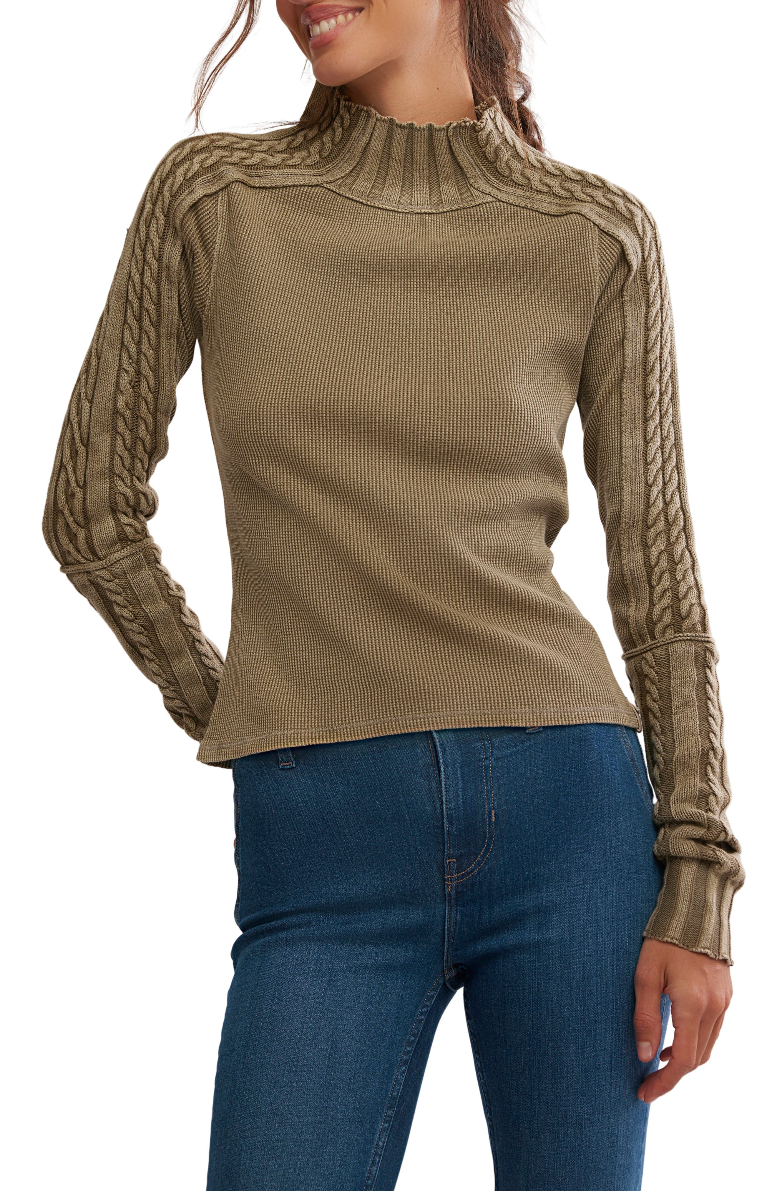 Free People WTF Breezy Cable Knit Mock Neck Top